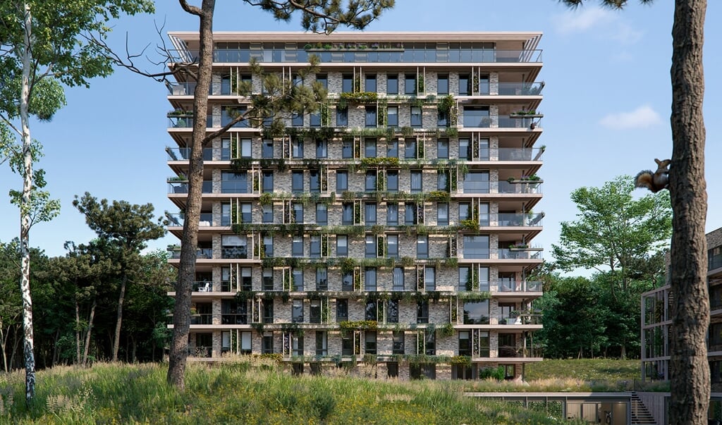 De groene gevel van het appartementengebouw verbindt de woningen met de bosrijke omgeving.