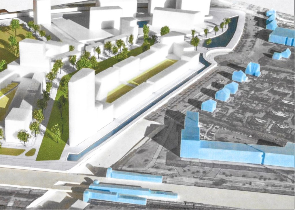 Een ontwerp van de woonwijk Podium, met onderaan Station Vathorst.