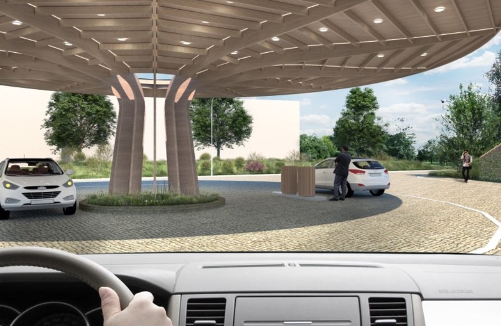 Artist impression van het waterstoftankstation dat medio 2021 op bedrijventerrein De Wieken in gebruik genomen moet gaan worden.