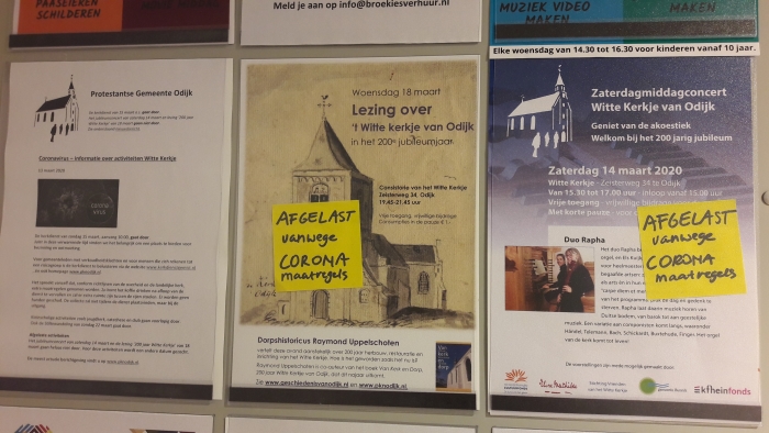 De kerkdienst van 15 maart gaat wel door, ook online, het zaterdagmiddagconcert van 14 maart en de lezing over 200 jaar Witte Kerkje van 18 maart zijn nu afgelast.