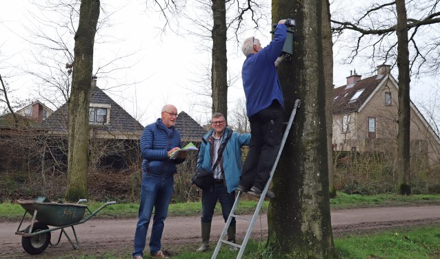 Raadslid Kees Eskes, Rob van de Bor en Helmert van Voorthuizen hangen een nestkastje op aan het Dickerijsterlaantje.