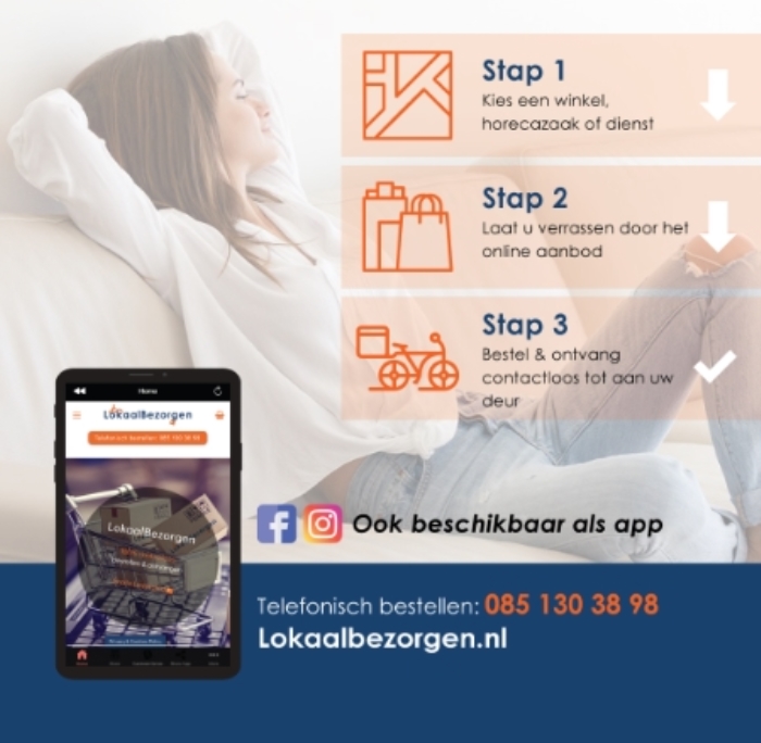 de stappen om te bestellen, app, facebook, instagram, telefoonnummer en website