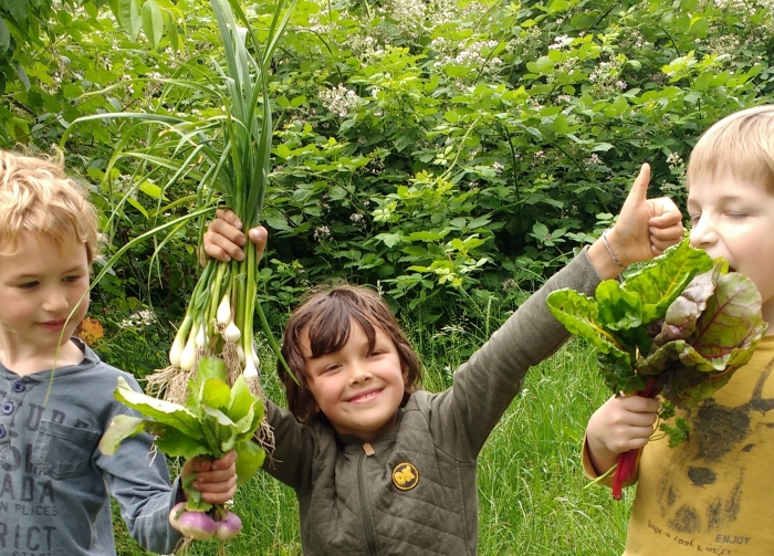 kinderen genieten van de oogst van tuinderij de Wilde Peen