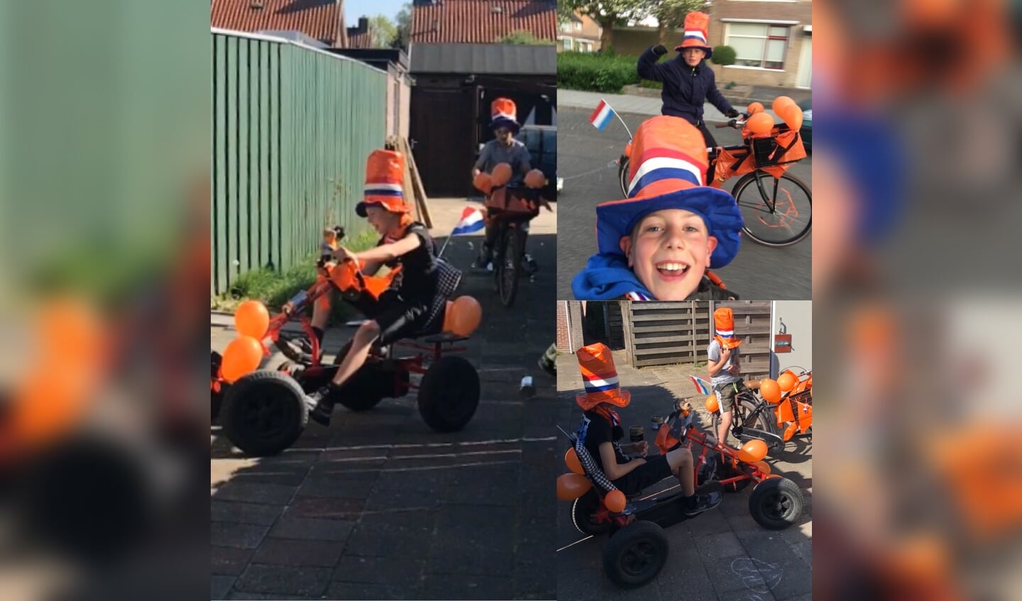 Collage van Bjorn en Melle met hun versierde skelter en fiets, om de mensen wakker te krijgen op Koningsdag 
