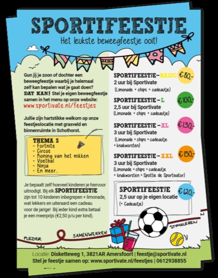 Flyer waarop te zien is wat Sportivate mogelijk maakt voor de beweegfeestjes