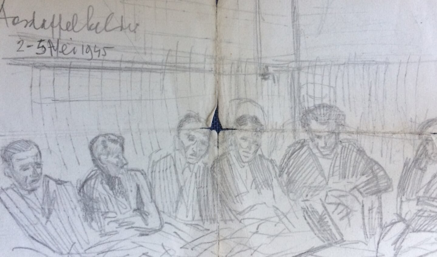 De gevangen genomen Doornse BS’ers v.l.n.r. Van Remmerden, Dekker, (meester) Smit, Harberink (de vermoedelijke tekenaar), (bakker) Veldhoen en Breur.