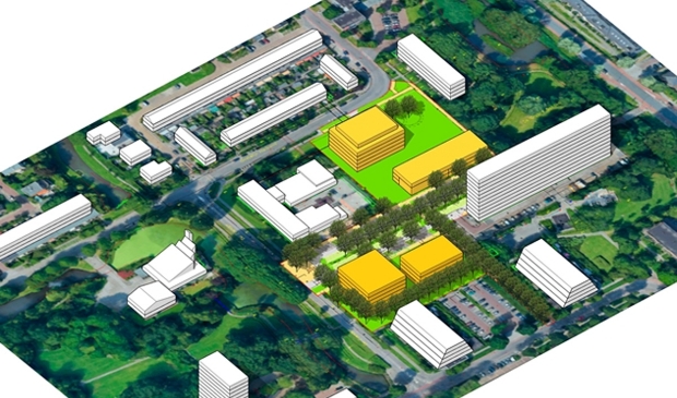 De nieuw te bouwen gebouwen (geel) in Bankras Kostverloren.