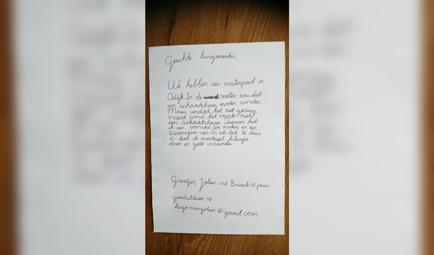 De brief die Jolien aan de burgemeester stuurde