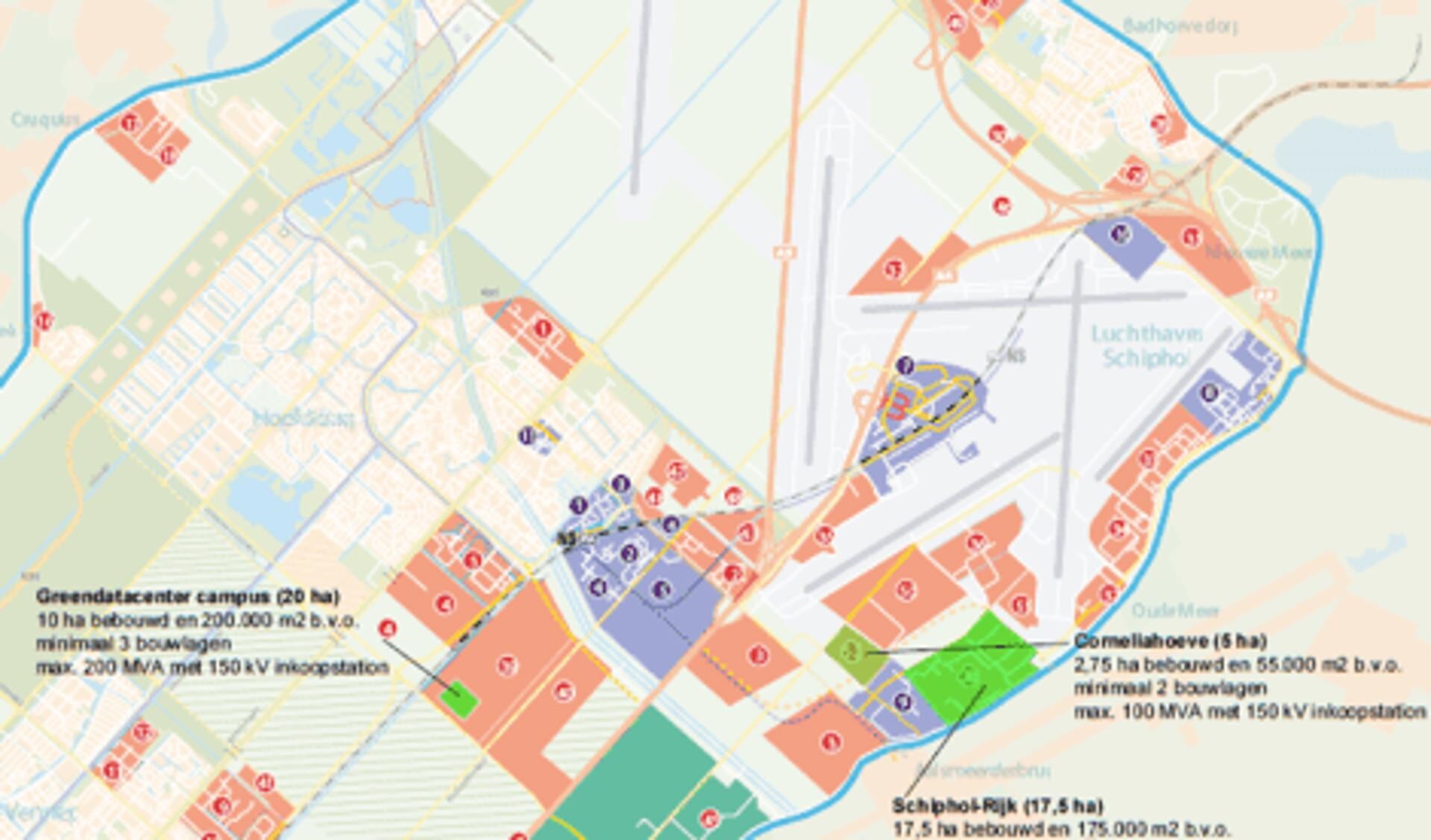 De vier ontwikkellocaties voor datacenters zijn de groen gekleurde vlakken in bedrijventerrein PolanenPark, Schiphol-Rijk, Schiphol Trade Park (STP) en Corneliahoeve.