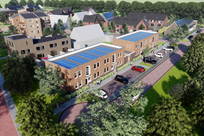 Er komen zestien beneden- bovenwoningen en een toren met veertien appartementen in Rimpeler.