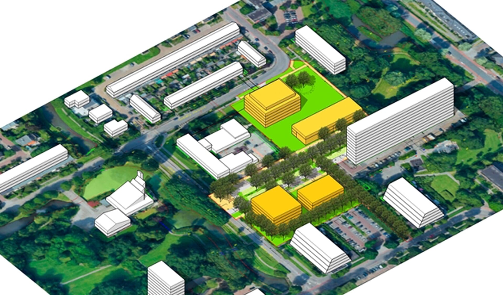 De nieuw te bouwen gebouwen (geel) in Bankras Kostverloren. Het college heeft onlangs voorgesteld het aan het Oostelijk Halfrond geplande appartementengebouw van zes bouwlagen op te splitsen in twee kleinere gebouwen met vijf lagen