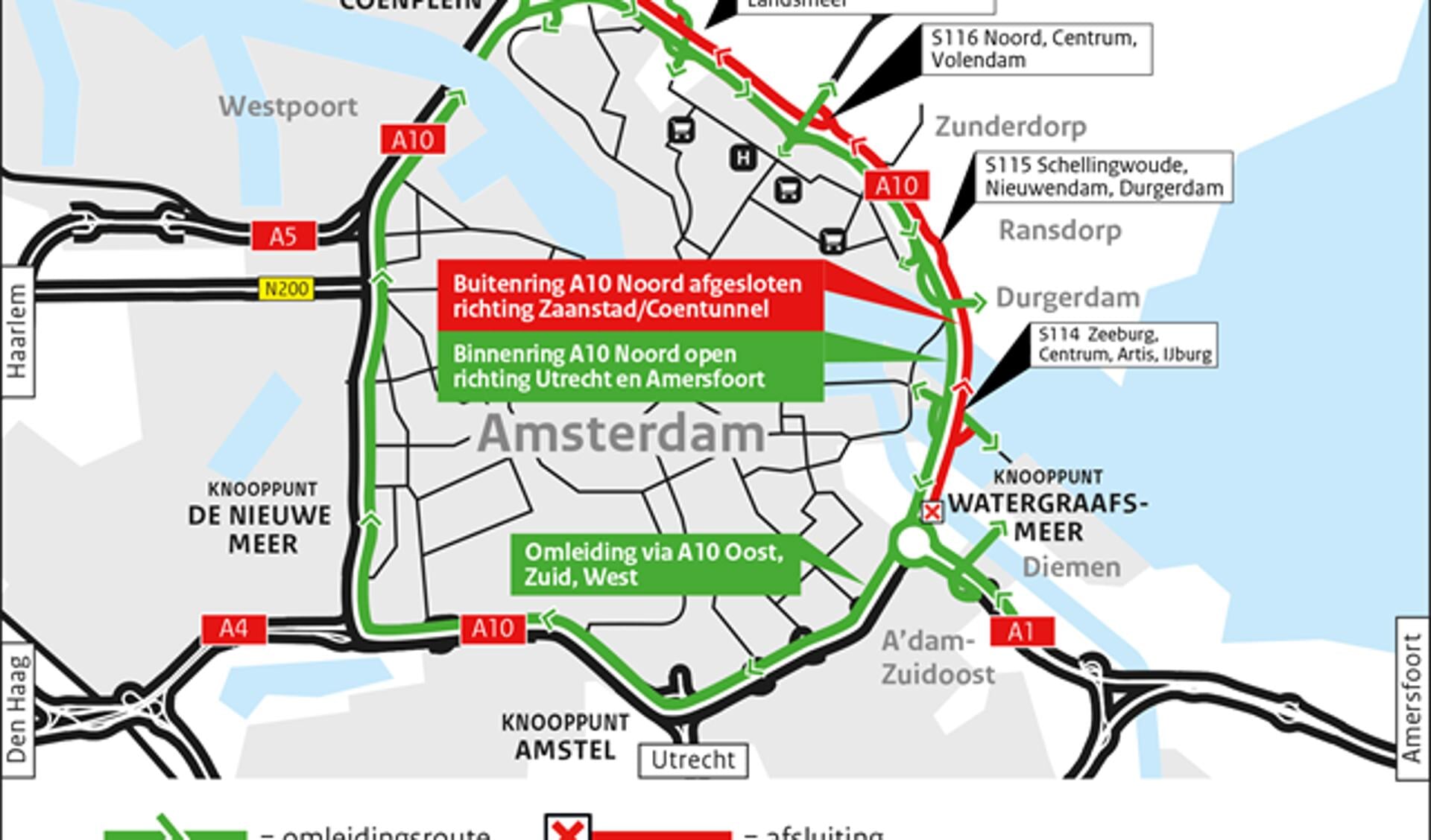 Omleidingskaartje afsluiting A10 Noord buitenring richting Zaanstad en Coentunnel tussen
knooppunt Watergraafsmeer en knooppunt Coenplein.
