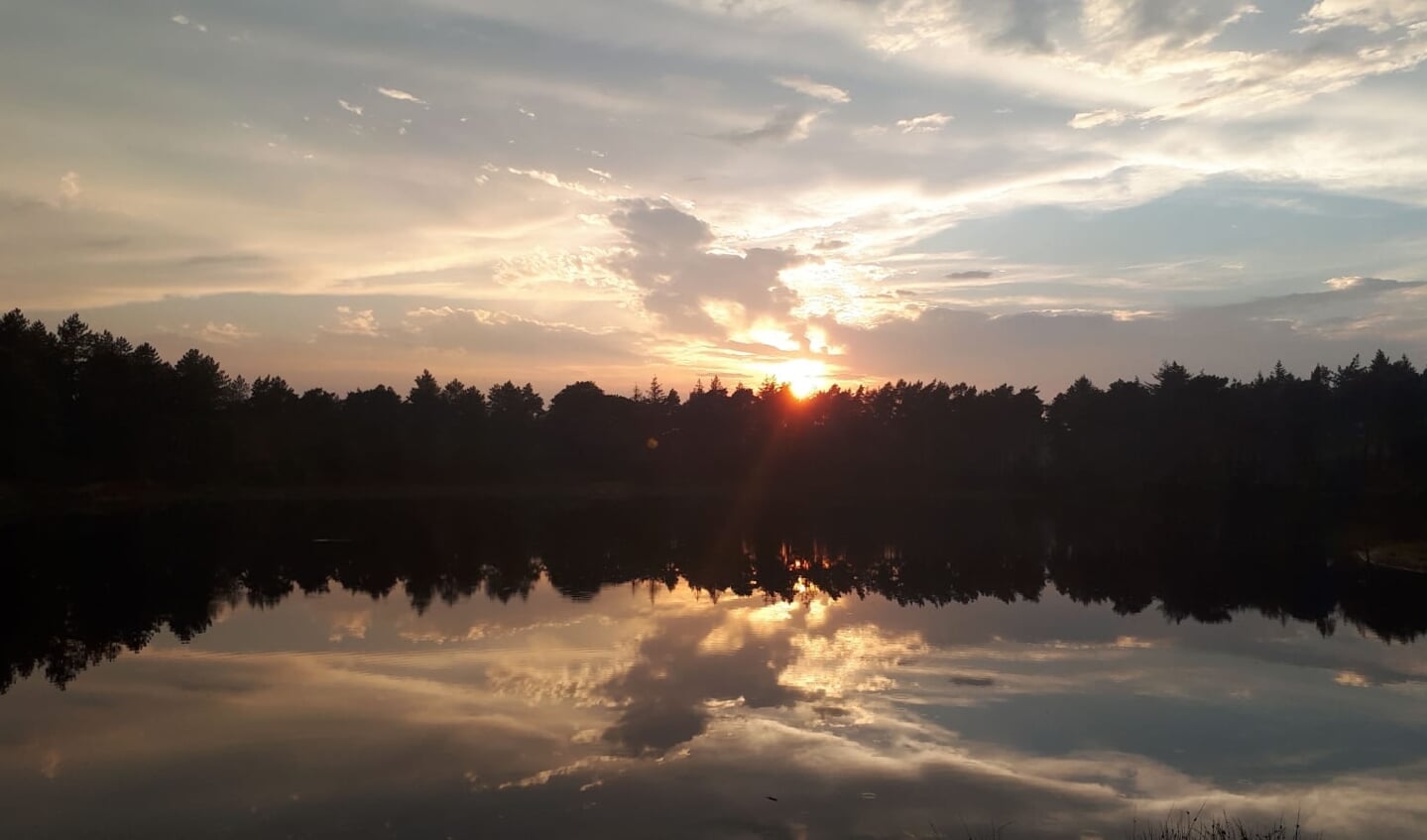 Deze foto is gemaakt op zondagavond 16 augustus  bij zonsondergang. Bij mijn favoriete plek in Den Treek bij het Hazenwater. Iedere avond ben ik daar wel te vinden. Mooi stukje natuur waar ik helemaal tot rust kom na een heftige periode in mijn leven. Prachtig is te zien hoe de wolken weerschijnen in het water.