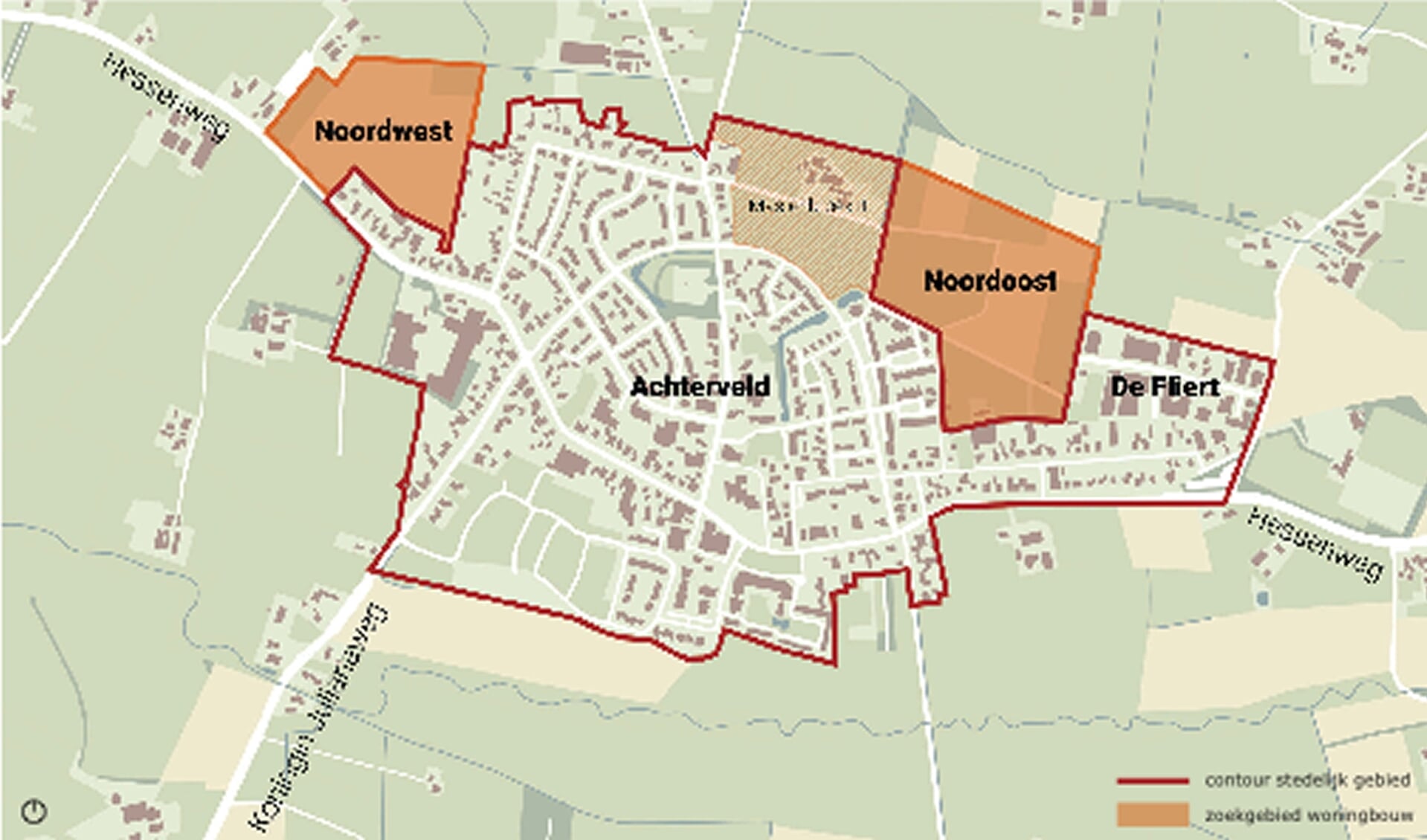De zoekgebieden voor woningbouw in Achterveld. Het perceel van de bezwaarmaker ligt in het gebied at op de kaart 'noordwest' is genoemd.