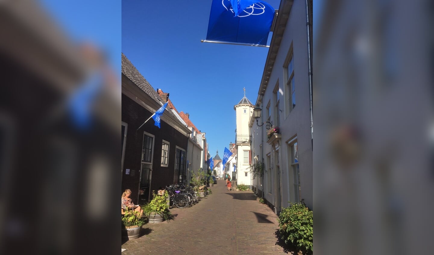 De Muurhuizen vanaf Tinnenburg, versiert met vlaggen van de aarde.