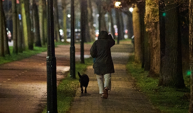 <p>Een man laat zijn hond uit. Het demissionair kabinet overweegt de invoering van een avondklok om de opmars van de Britse variant van het coronavirus een halt toe te roepen. </p>