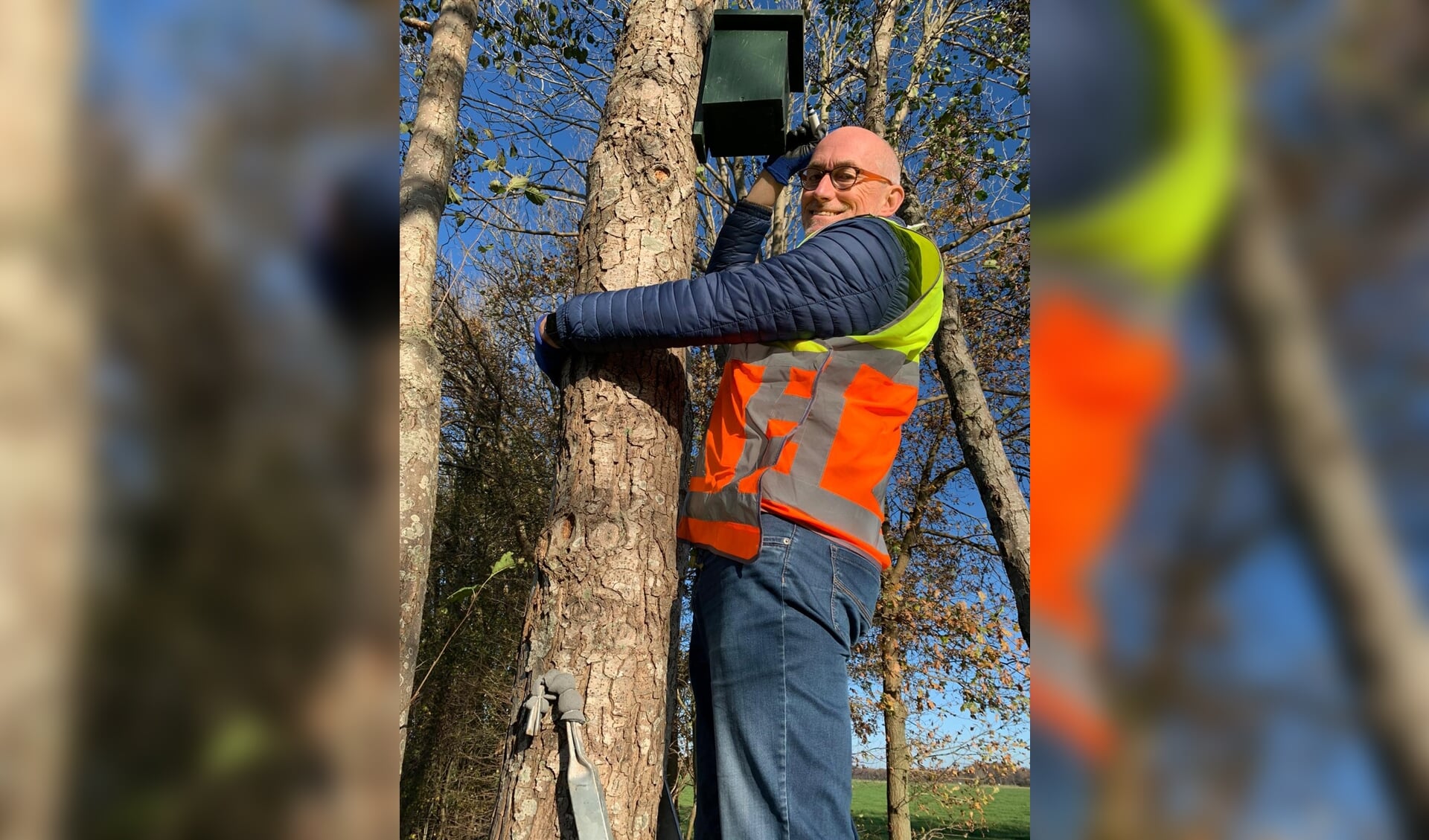 Initiatiefnemer Kees Eskes bekijkt de nestkastjes voor kool- en pimpelmezen.