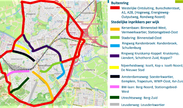 Een plattegrond met een 'buitenring' (rood) die de functie van de Stadsring overneemt.