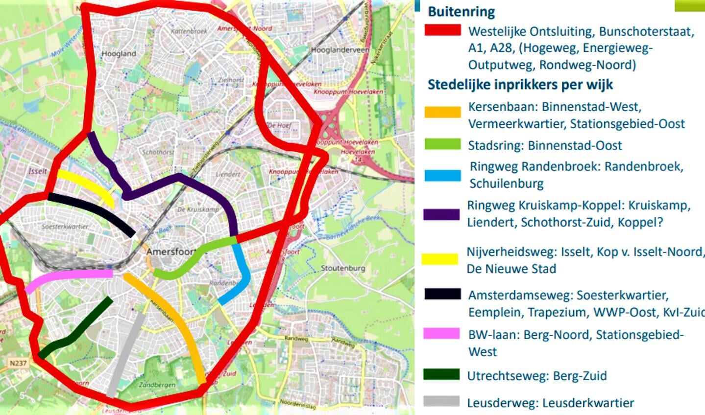Een plattegrond met een 'buitenring' (rood) die de functie van de Stadsring overneemt.