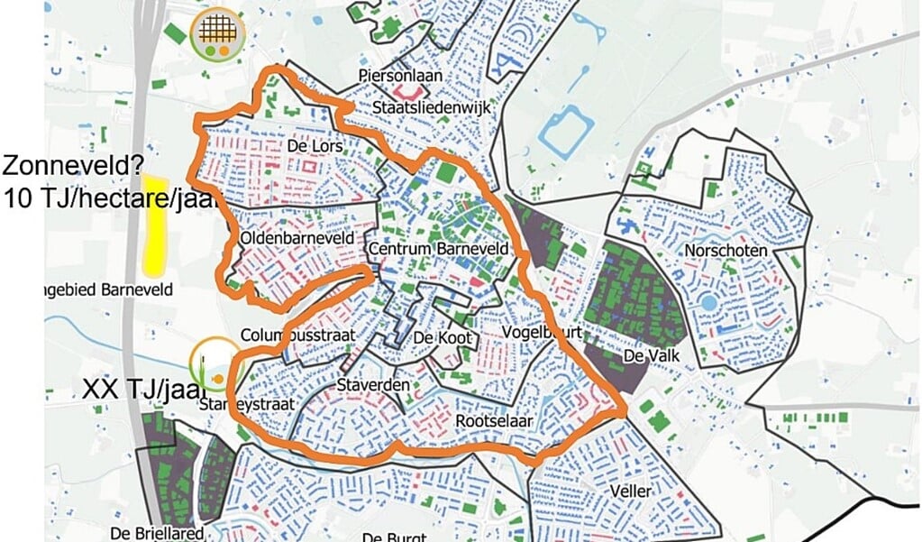 Kaartje van Barneveld, met binnen de oranje lijn het gebied waarbinnen volgens de gemeente Barneveld een warmtenet een goed plan is.