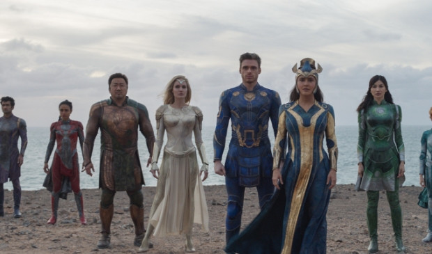 <p>(L-R): Kingo (Kumail Nanjiani), Makkari (Lauren Ridloff), Gilgamesh (Don Lee), Thena (Angelina Jolie), Ikaris (Richard Madden), Ajak (Salma Hayek), Sersi (Gemma Chan), Sprite (Lia McHugh), Phastos (Brian Tyree Henry) and Druig (Barry Keoghan) in Marvel Studios' ETERNALS. Photo courtesy of Marvel Studios. </p>