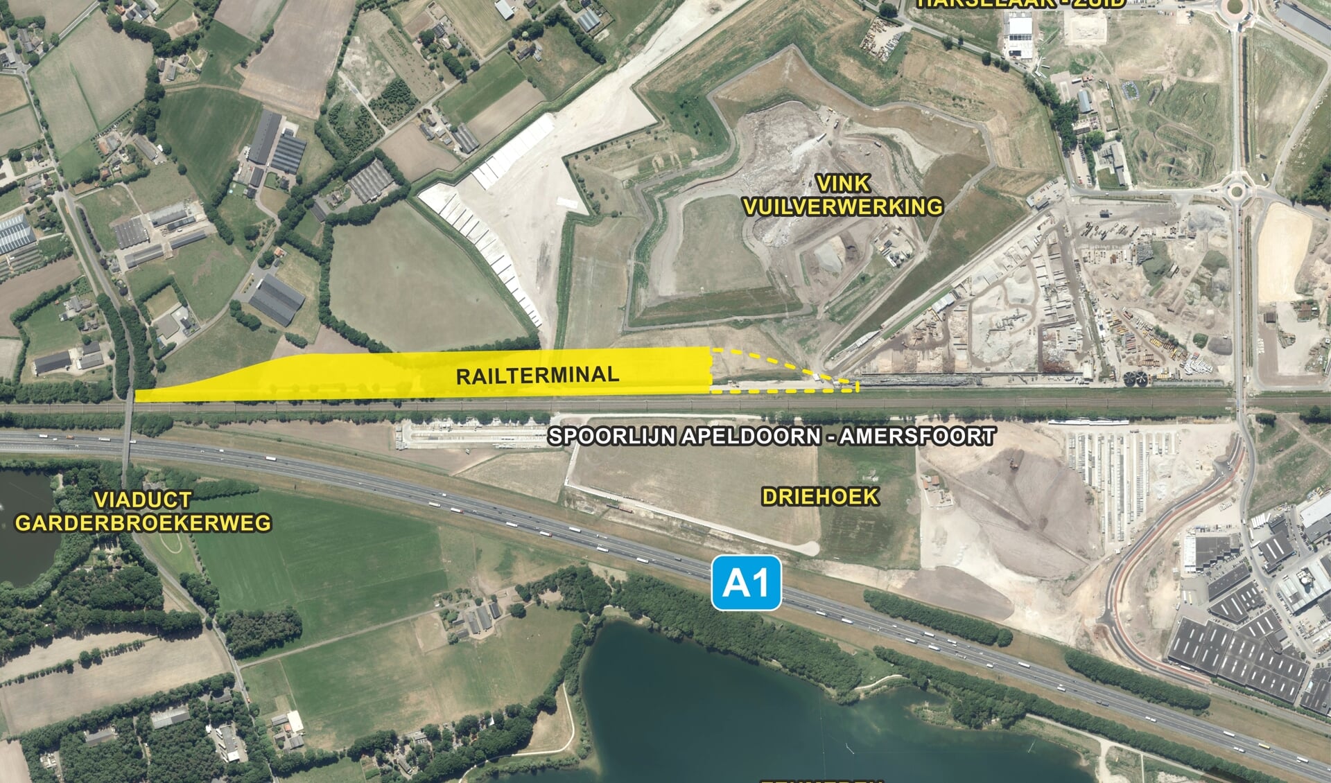 Globale schets van het mogelijke terrein voor de railterminal.