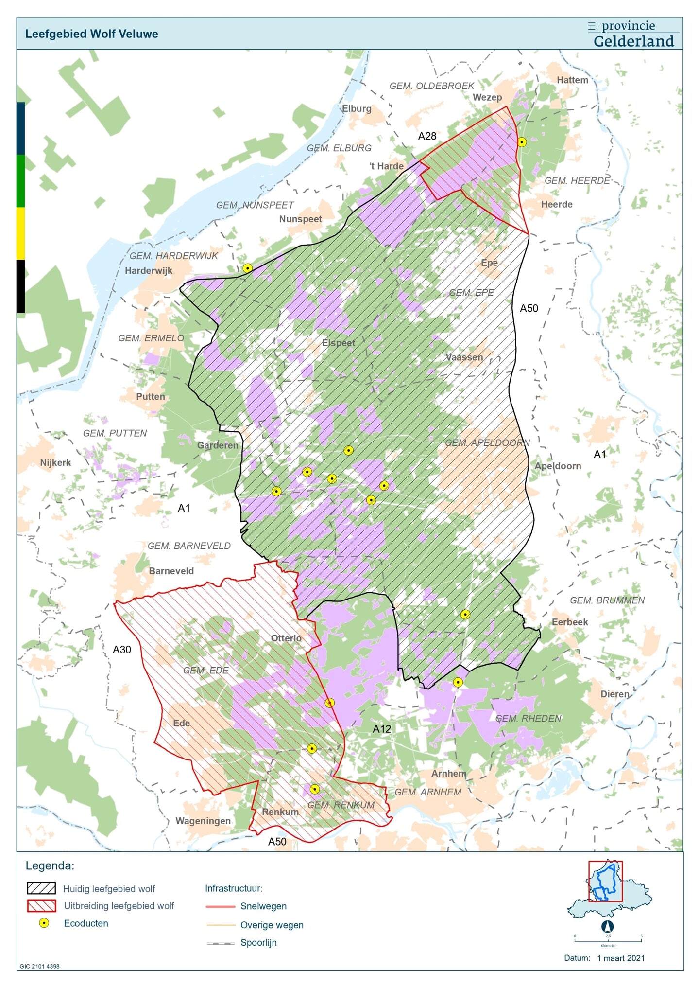 Sinds maart is ook de Zuidwest-Veluwe (onderaan rood omlijnd) officieel aangewezen als leefgebied van de wolf. Schapen- en geitenhouders kunnen dan aanspraak maken op subsidie voor wolfwerende maatregelen. 