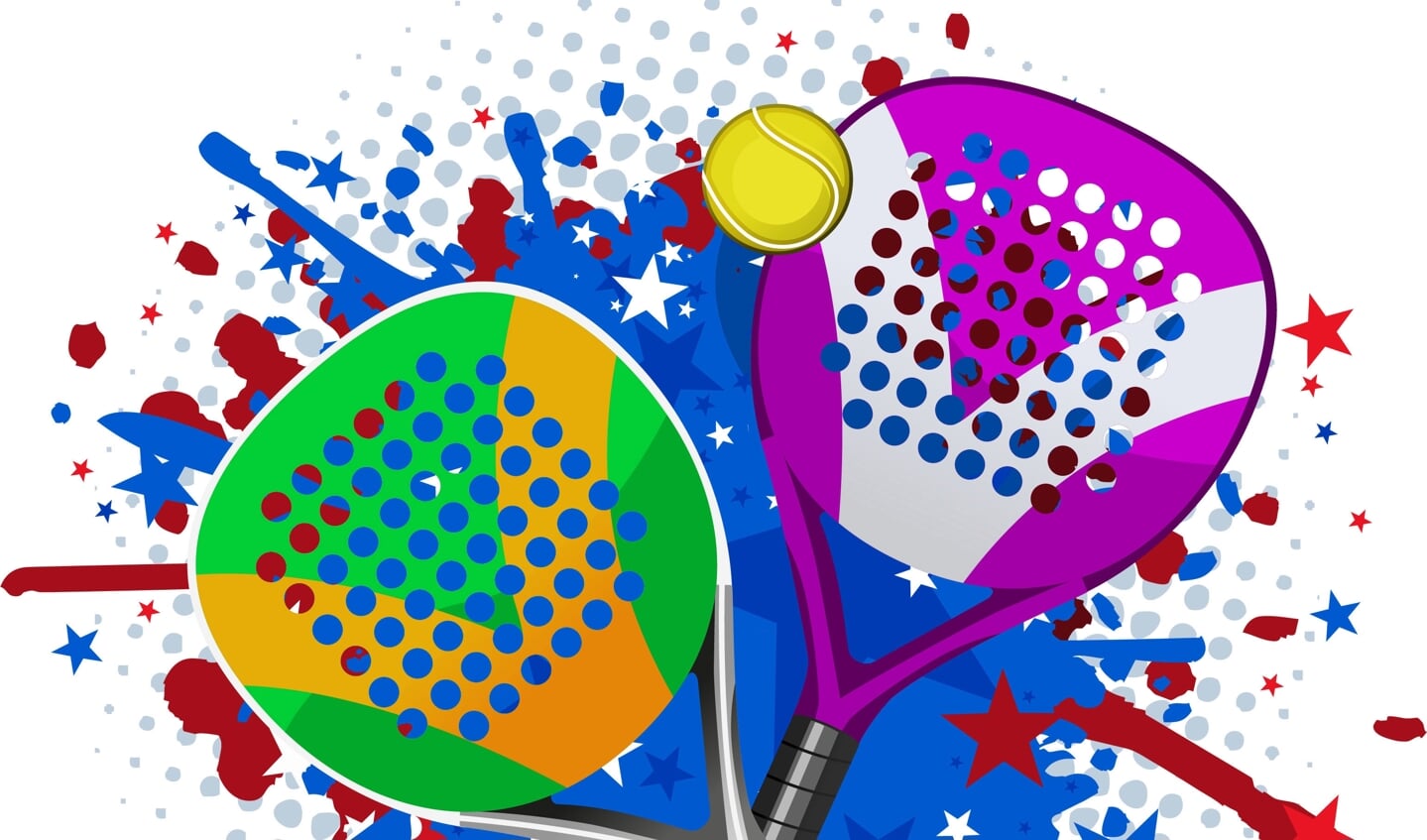 Paddle Match Rackets and Ball Set With red blue splash vector illustration.