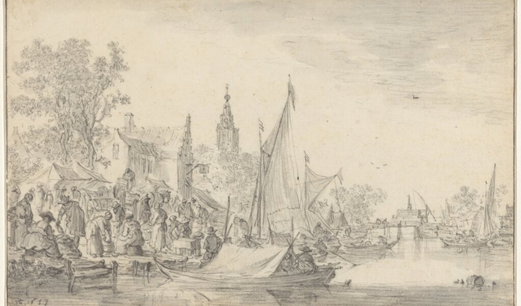 Marktdag aan het water van een stadsgracht; 1653, van Jan van Goyen (1596-1656).
