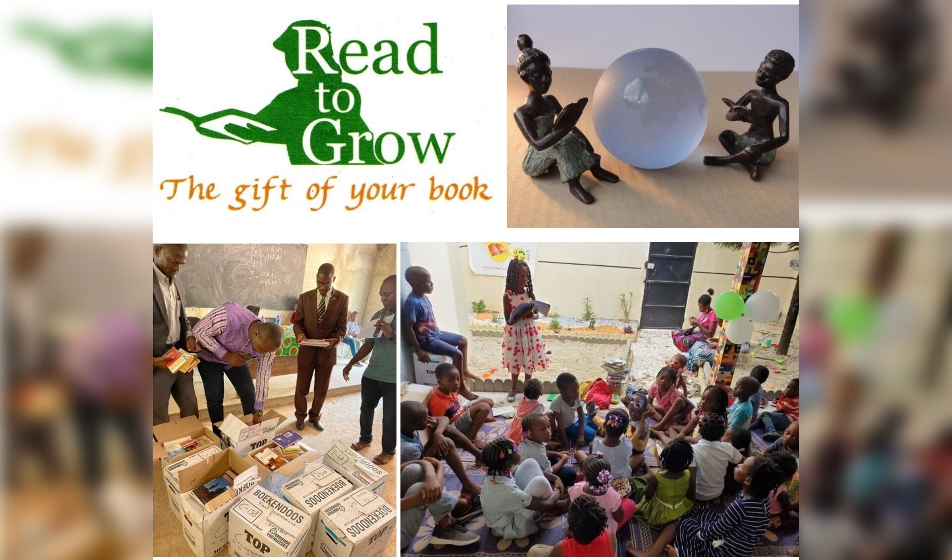 Boven: Read to Grow zamelt boeken in voor derde wereld landen. Onder: Een school in Ivoorkust ontvangt boeken. Kinderen blij met de boeken lezen eruit voor.