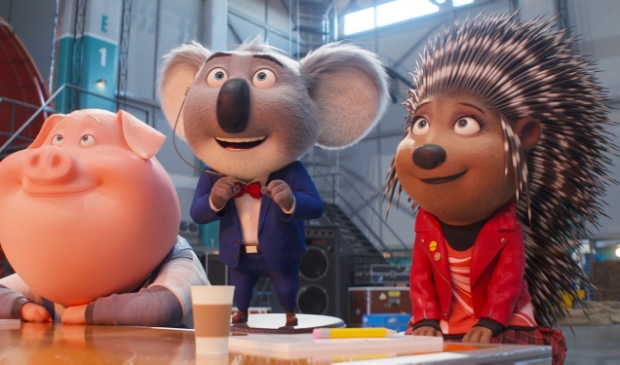 (from left) Pig Gunter (Nick Kroll), koala Buster Moon (Matthew McConaughey) and porcupine Ash (Scarlett Johansson) in Illumination’s Sing 2, written and directed by Garth Jennings.