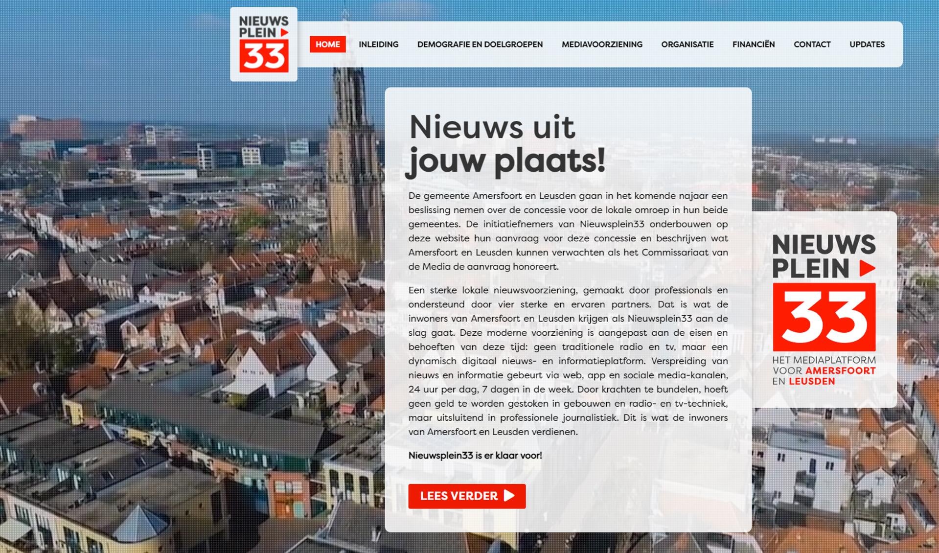 De site van Nieuwsplein33, één van de gegadigden voor de zendmachtiging in Amersfoort en Leusden.