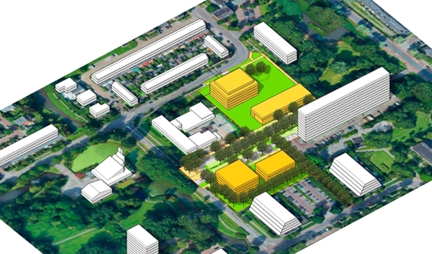 <p>Het project Alleman Kwartier met in het geel de geprojecteerde nieuwbouw.</p>