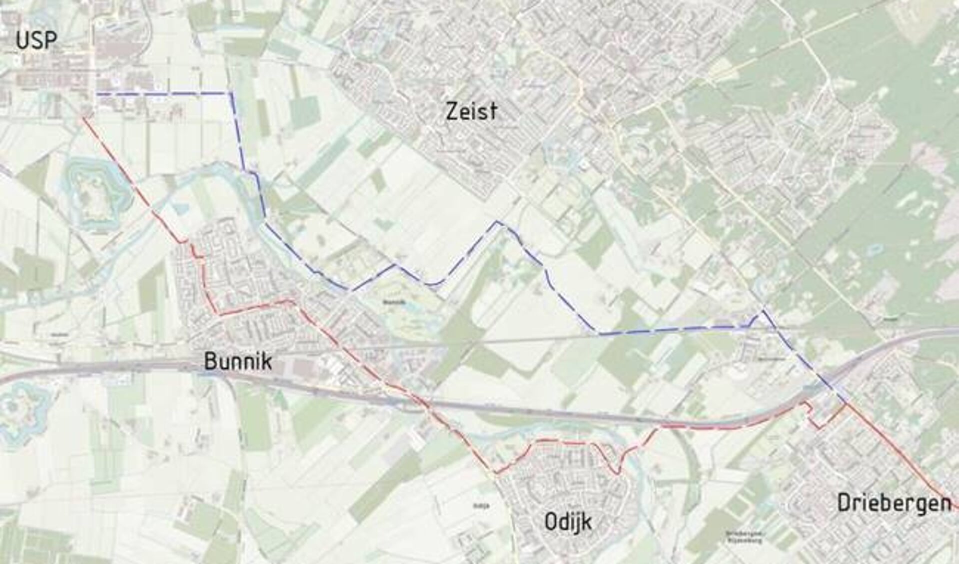 Beide opties die overwogen werden. Uiteindelijk werd gekozen voor de rode route, door Odijk en Bunnik. 