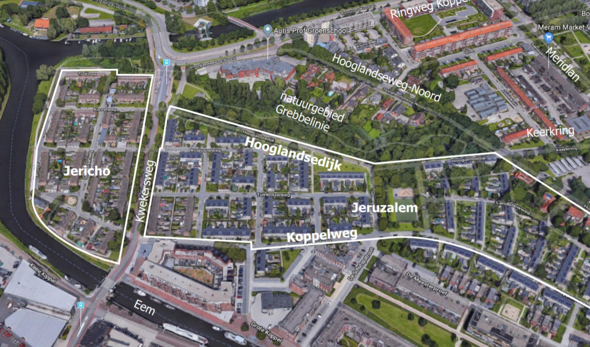 Plattegrond met links de te slopen wijk Jericho en rechts de renoveerde wijk Jeruzalem