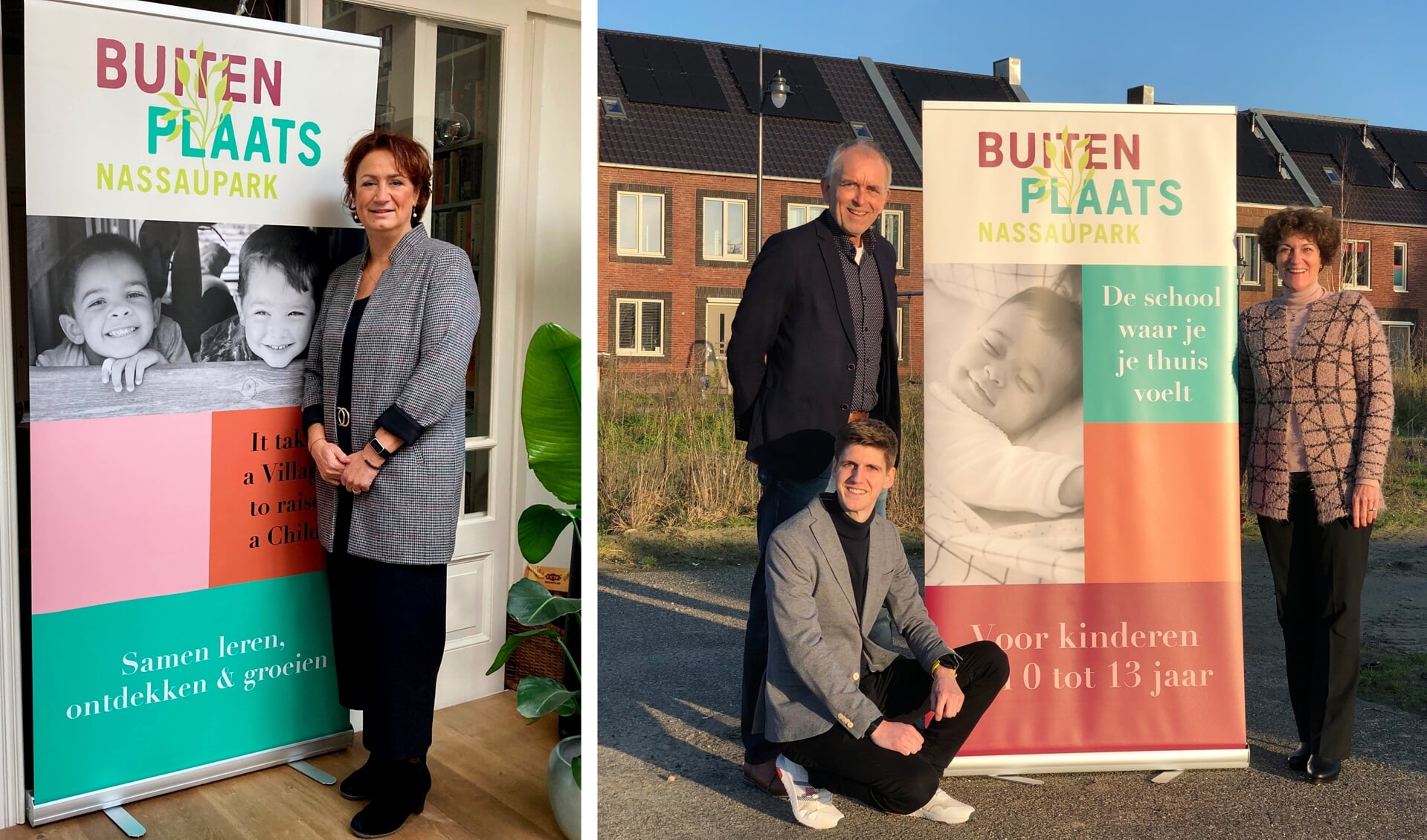 Op de foto van v.l.n.r.: Terry van der Steen (gemeente Haarlemmermeer), Eef Niezing (College van Bestuur Meer Primair) (hoog), Jelle van Oosteroom (kwartiermaker Meer Primair) (laag) en Annemarie Dees (College van Bestuur SKH).