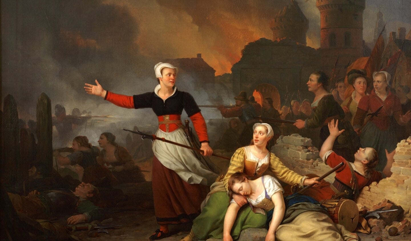 Met een lans in de hand en met een brandend Haarlem op de achtergrond, trekt de Haarlemse stadsheldin Kenau Simonsdochter Hasselaar ten strijde tegen de Spanjaarden.