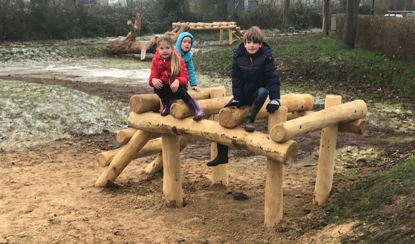 Sieger, Sally en Tobias maken enthousiast gebruik van 'hun' nieuwe speeltuin aan de Groeneweg.