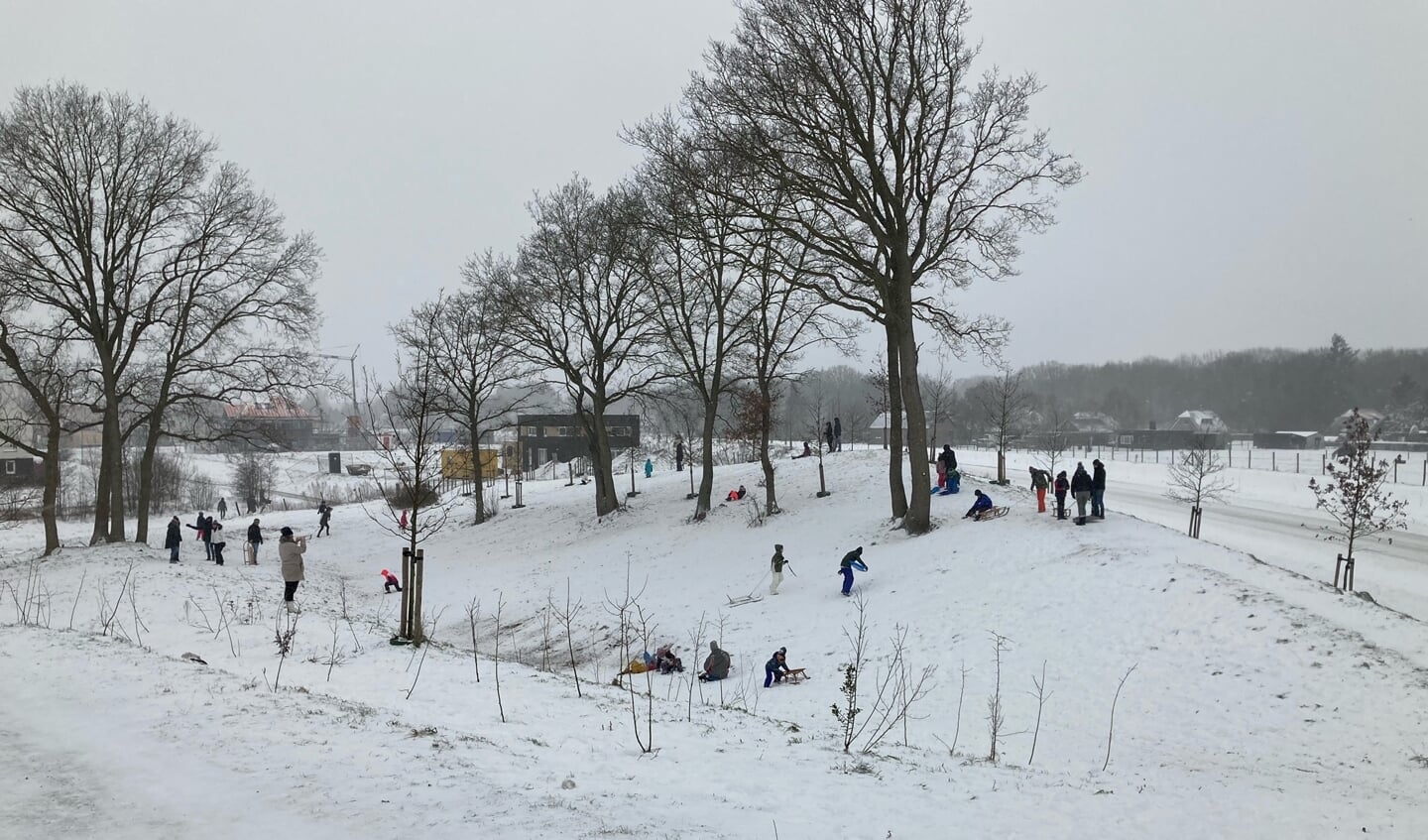 Het talud van de nieuwe Heuvelrandweg in Voorthuizen blijkt een prachtig wintersportgebied.