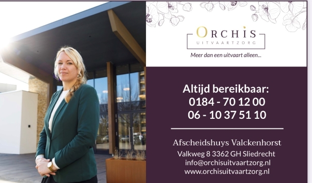 <p>Orchis Uitvaartzorg
Afscheidshuys Valckenhorst
Valkweg 8
3362 GH Sliedrecht
0184-701200, 06-10375110
info@orchisuitvaartzorg.nl
www.orchisuitvaartzorg.nl</p>