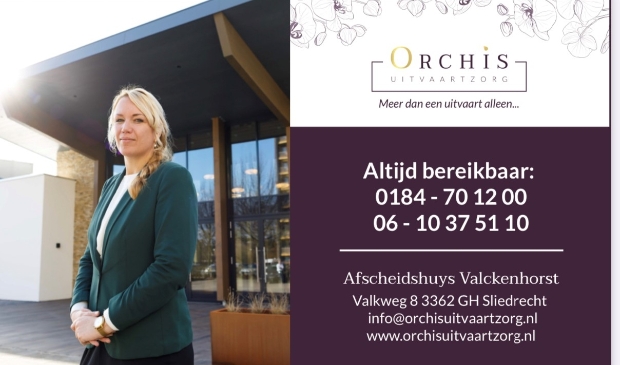 <p>Orchis Uitvaartzorg
Afscheidshuys Valckenhorst
Valkweg 8
3362 GH Sliedrecht
0184-701200, 06-10375110
info@orchisuitvaartzorg.nl
www.orchisuitvaartzorg.nl</p>