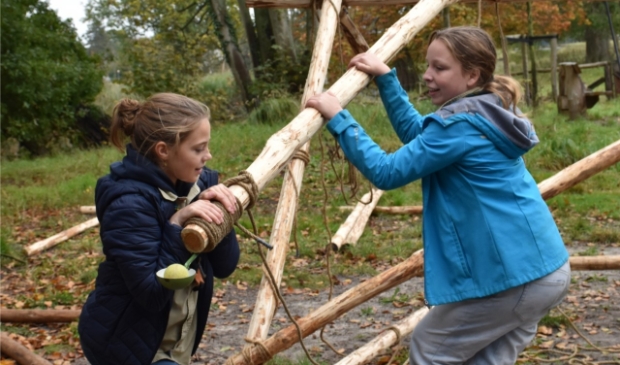 De scouts pionieren een katapult in het bos