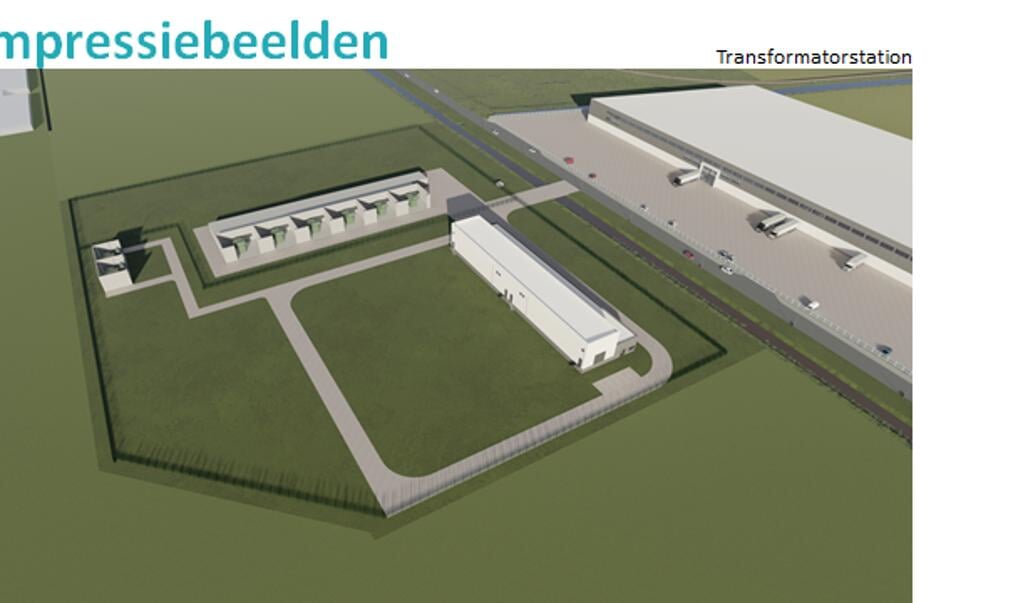 Zo moet het 150kV-transformatorstation op het bedrijventerrein Schiphol Logistics Park (SLP) in Rozenburg er uit gaan zien. 
