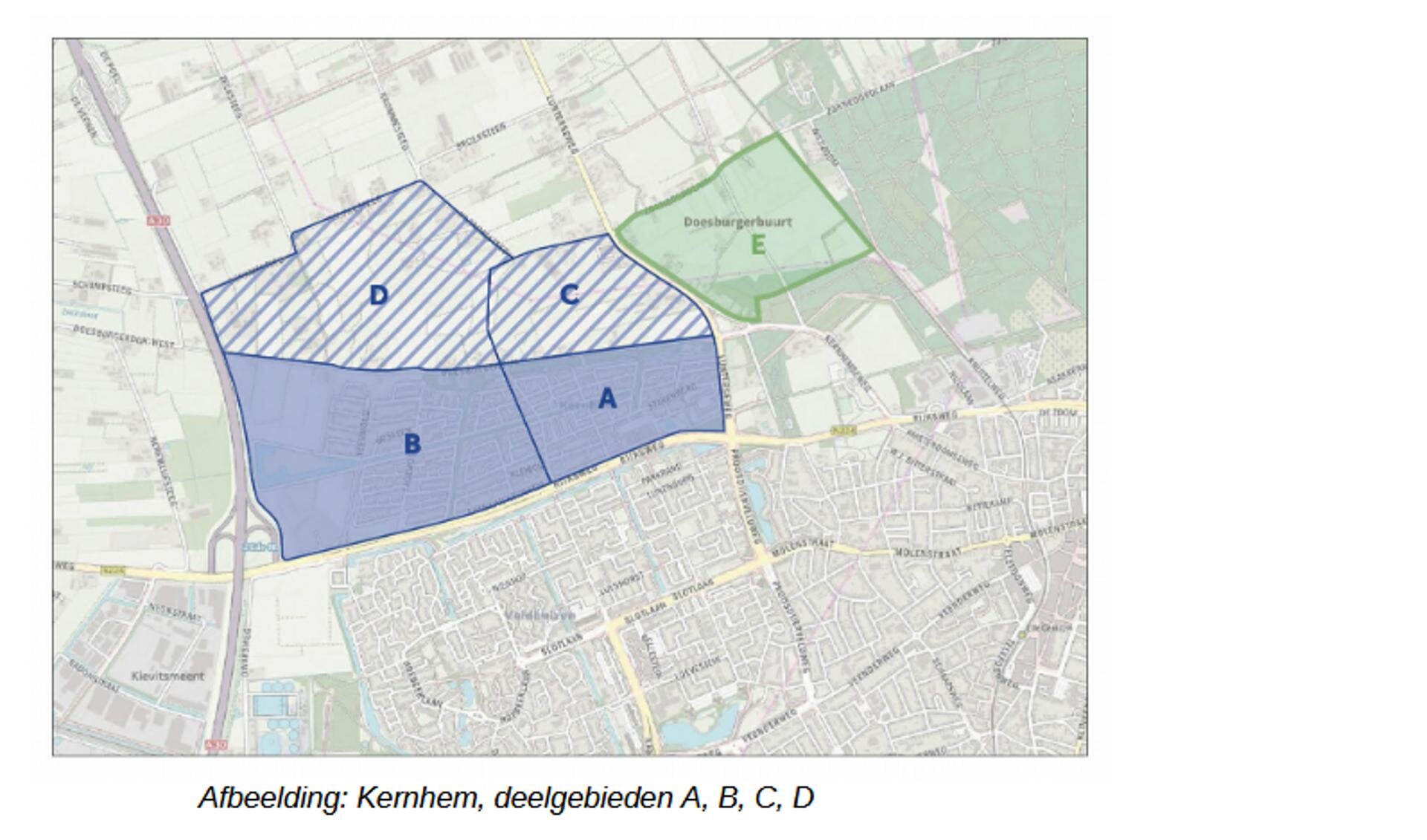 Bij Kernhem-Noord gaat het om de deelgebieden C en D in deze kaart.
