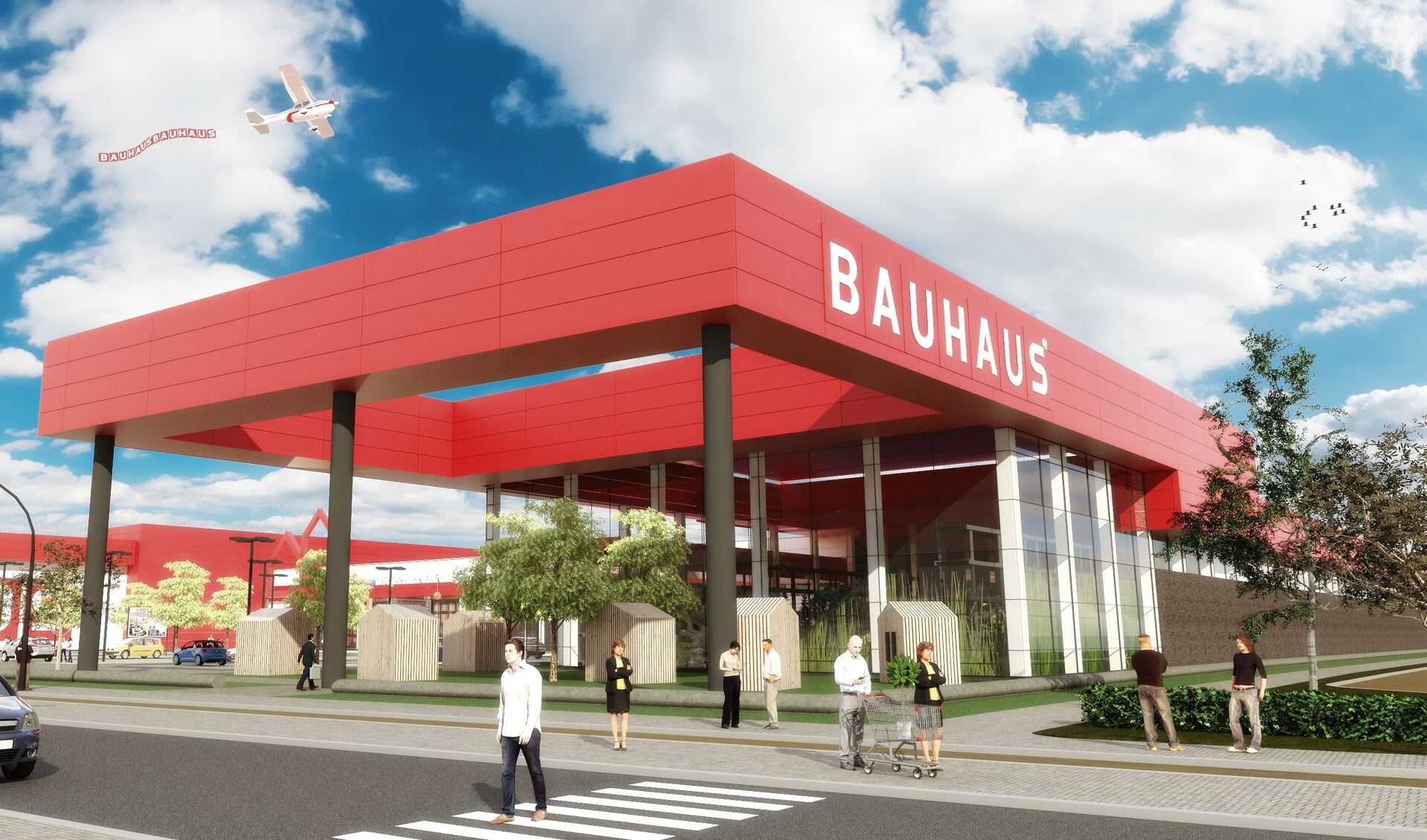 Ontwerp van de nieuw te realiseren Bauhaus langs de A1 in Amersfoort.