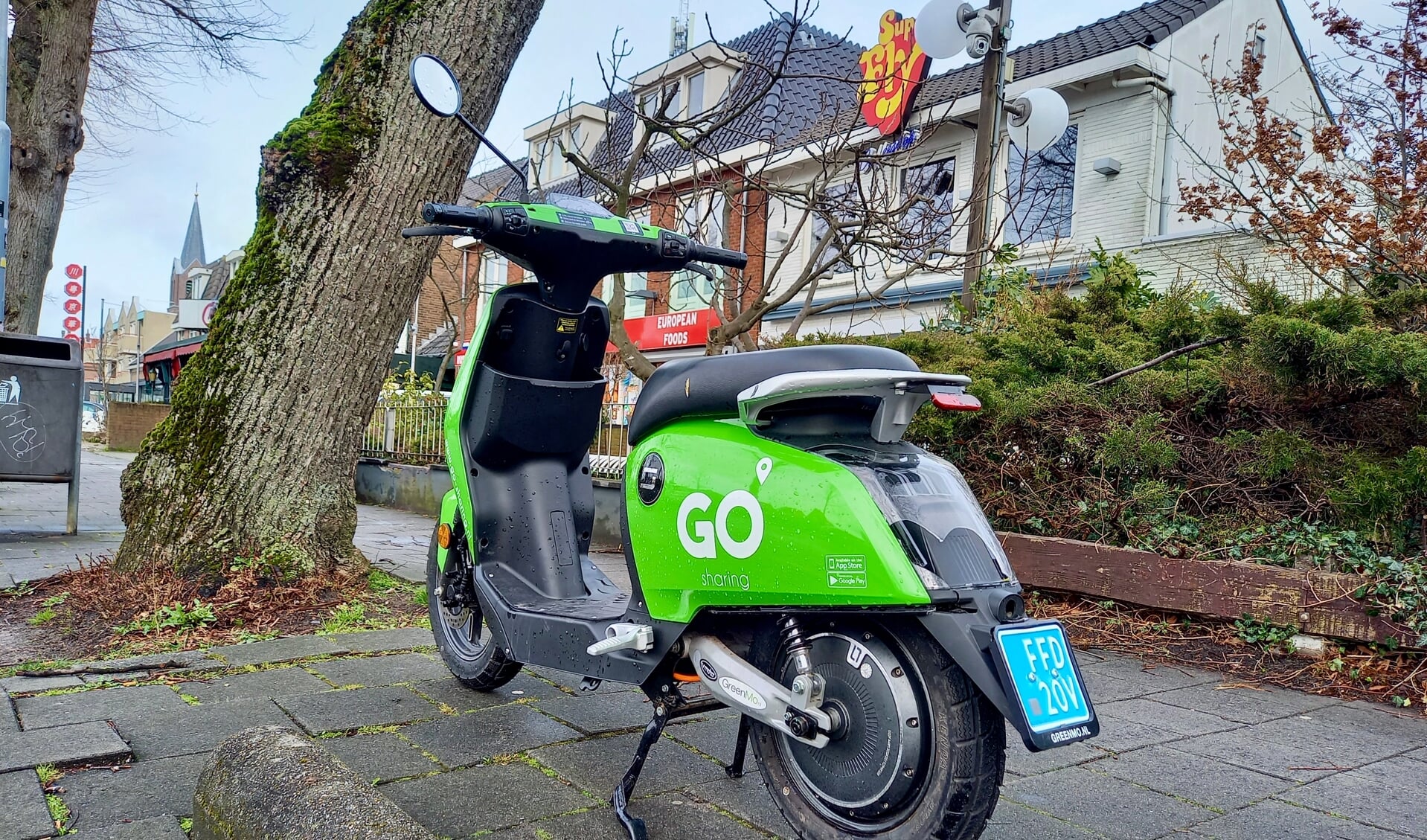 Deze scooter staat geparkeerd zoals het hoort.
