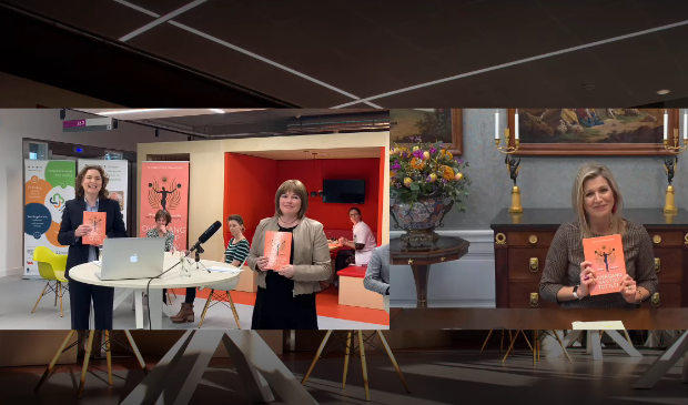 <p>Koning Máxima met auteurs Marcelle Meesters en Mirjam van 't Veld.</p>