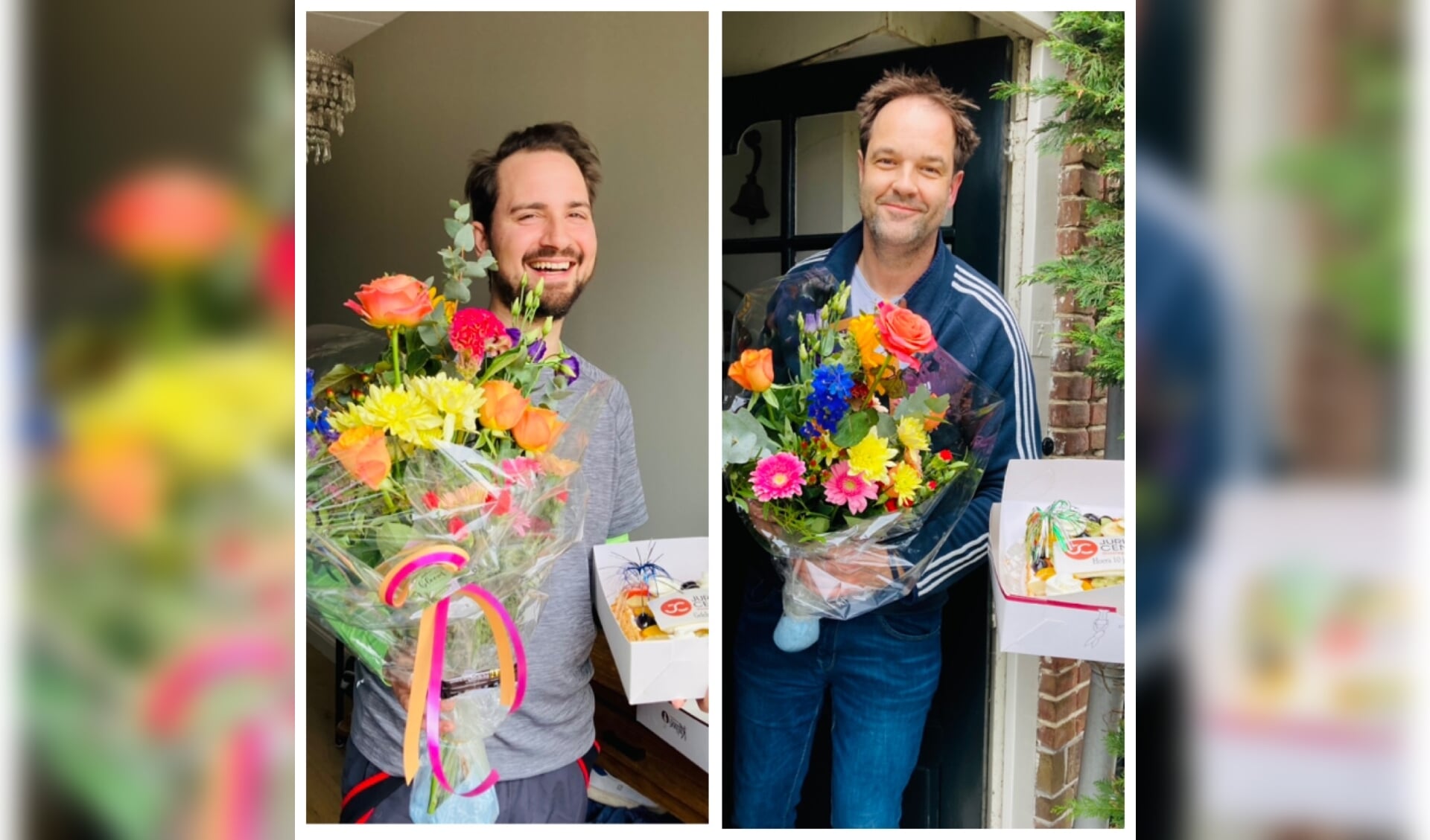 Joris van Vliet en Ronald Smits kregen van hun medewerkers taart en bloemen thuisbezorgd vanwege hun 10-jarig bedrijfsjubileum