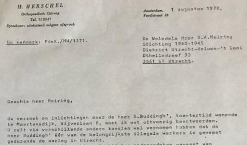 Fragment uit een getuigenis van onderduiker Herman Herschel over het grote belang van de Buddingh’s:  ‘een van de belangrijkste illegale werkers...’