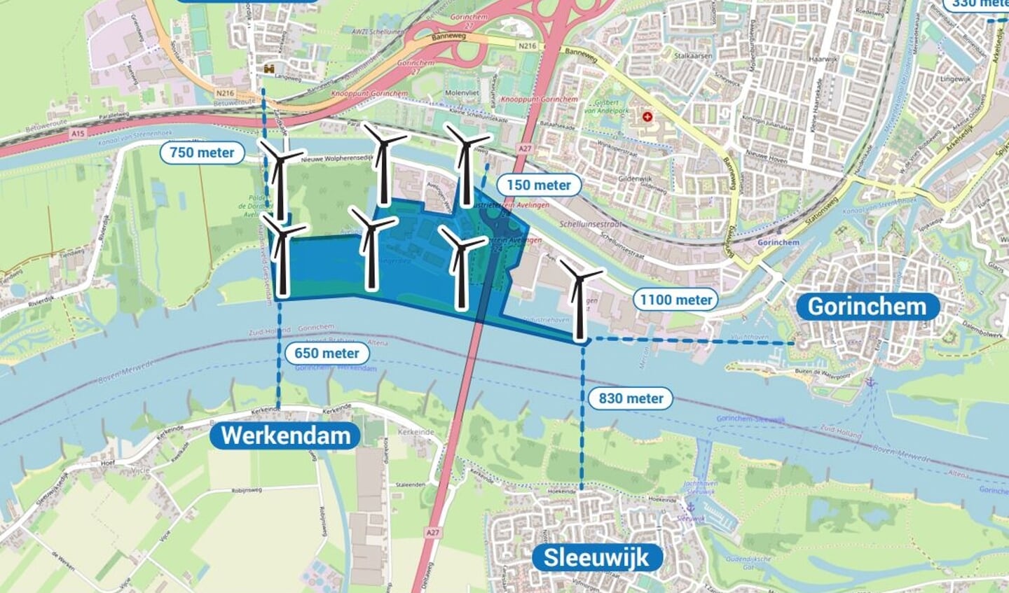 De windmolens ingetekend op de plattegrond van Gorinchem